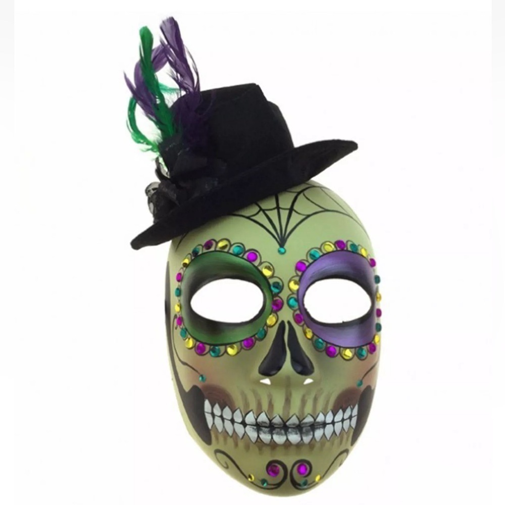 Halloween Day of the Dead Full Face Mask Top Hat Colorful Tie Back Adult